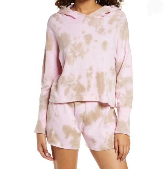 Chaser Hoodie Cashmere Blend Tie Dye Cropped Pullover Pink Olive M NWT - Picture 3 of 14